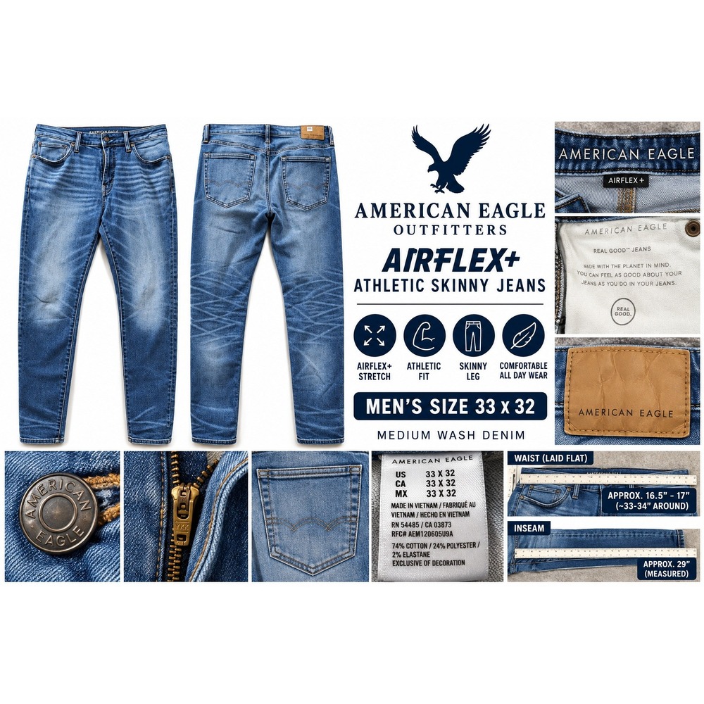 American Eagle Airflex+ Athletic Skinny Jeans Mens 33x32 Medium Wash Blue Denim